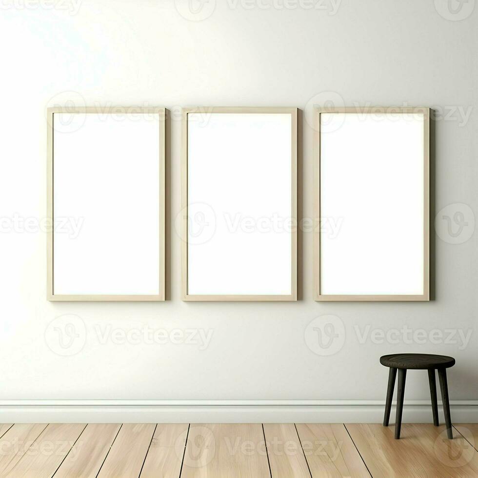 drie foto blanco afbeelding kaders Aan parket verdieping wit muur. minimalisme. hoog oplossing. ai generatief