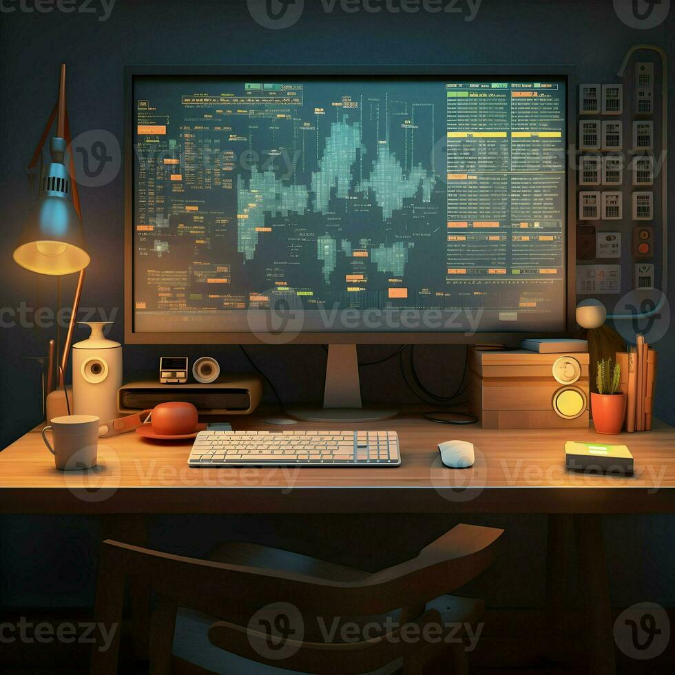 werken plaats tafel monitor. hoog kwaliteit. ai generatief foto
