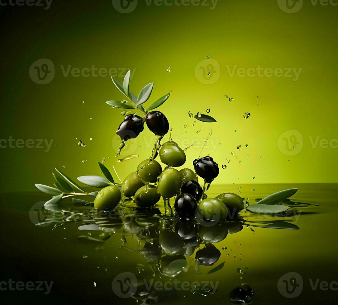 olijven en olijf- olie drijvend Aan een groen achtergrond. hoog kwaliteit ai generatief foto
