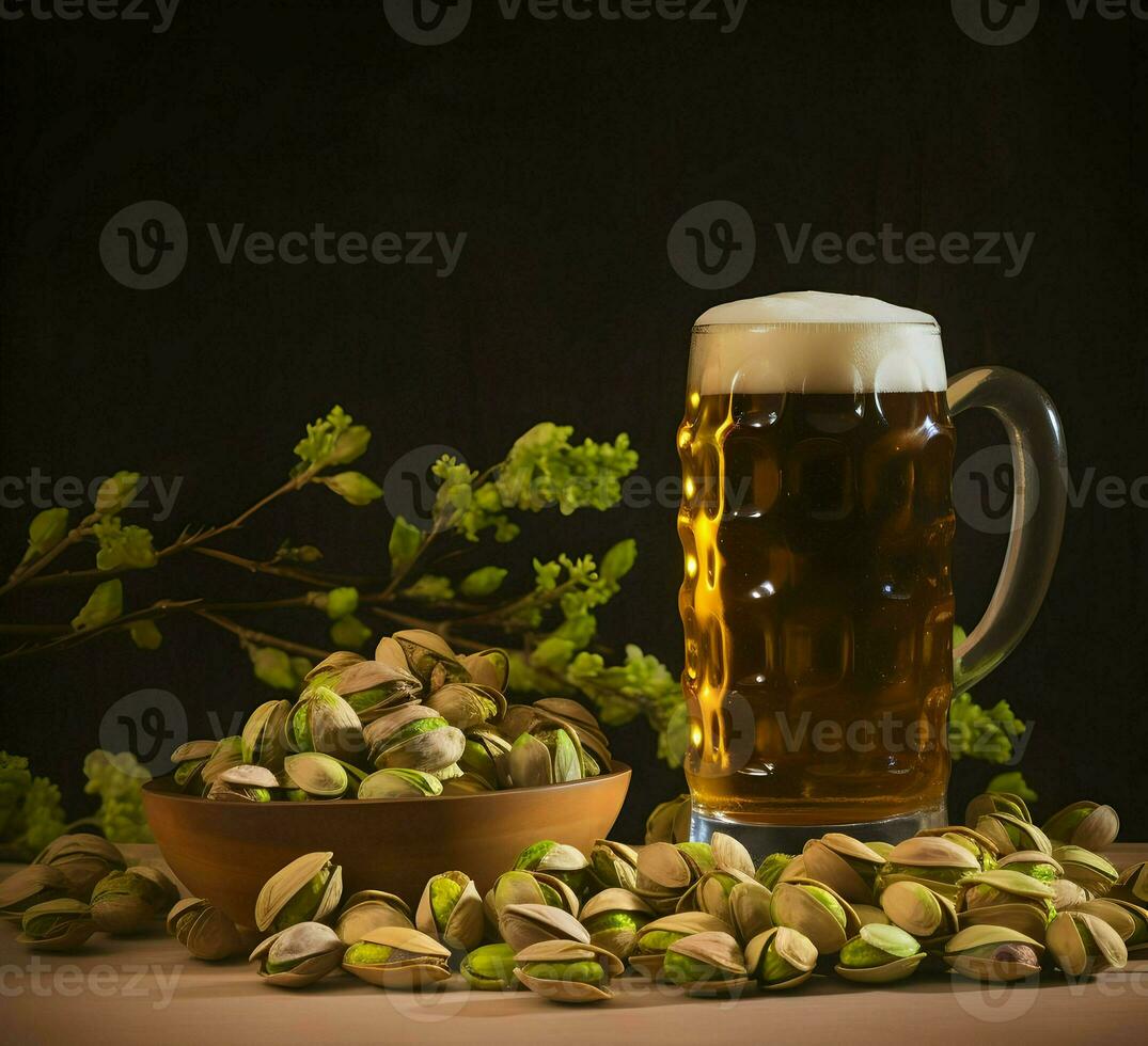 pistachenoten Aan een bord en bier in de glas. hoog oplossing. ai generatief foto