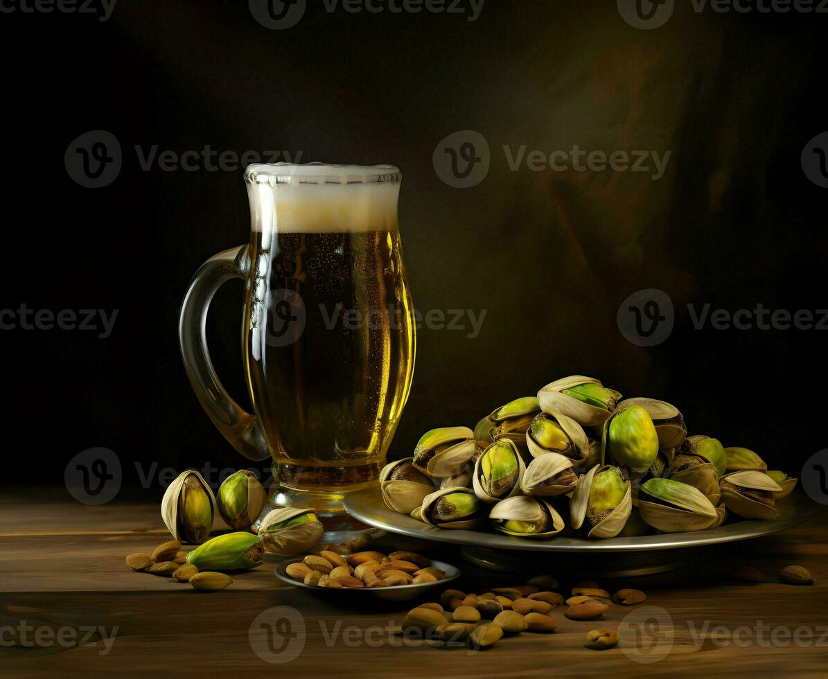 pistachenoten Aan een bord en bier in de glas. hoog oplossing. ai generatief foto