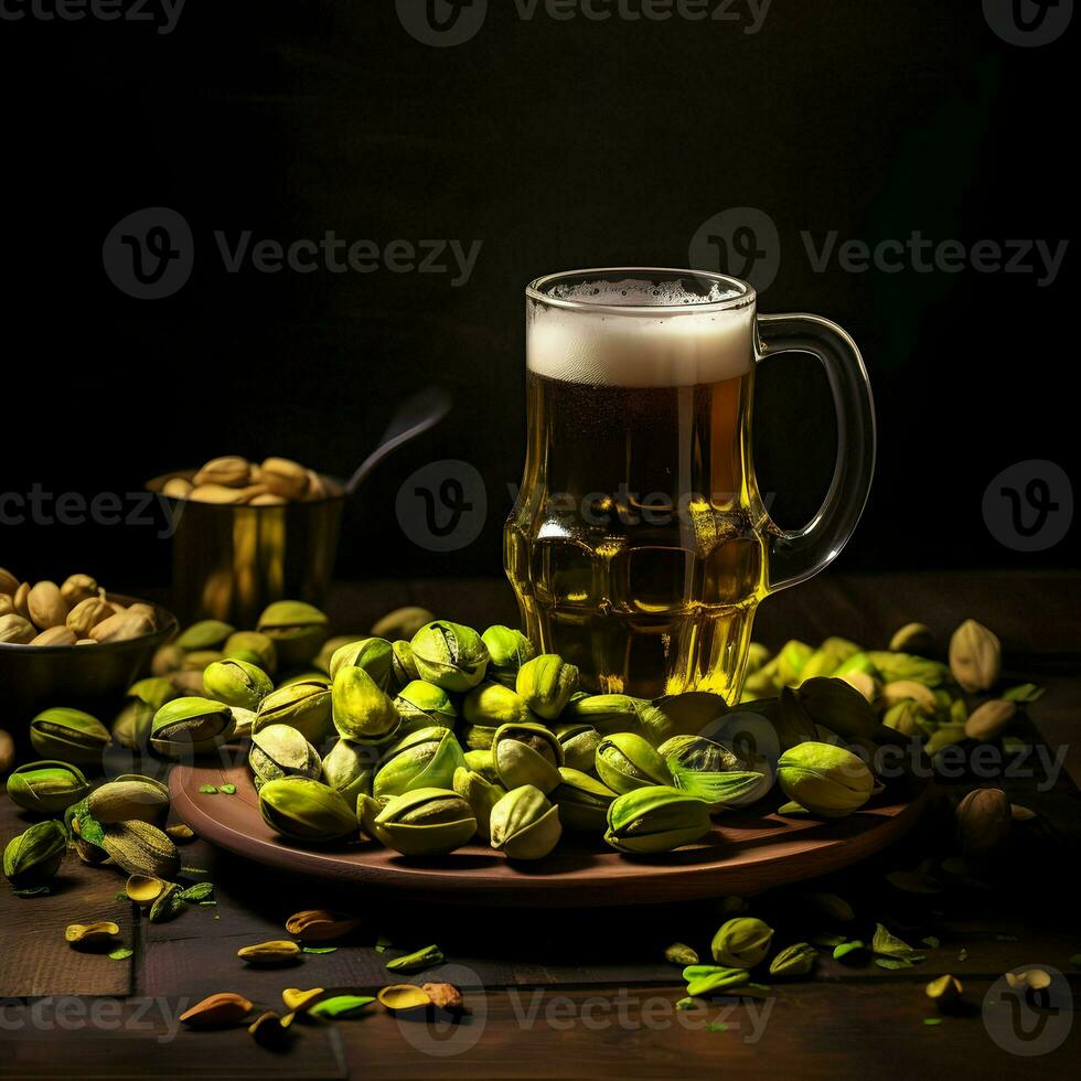 pistachenoten Aan een bord en bier in de glas. hoog oplossing. ai generatief foto