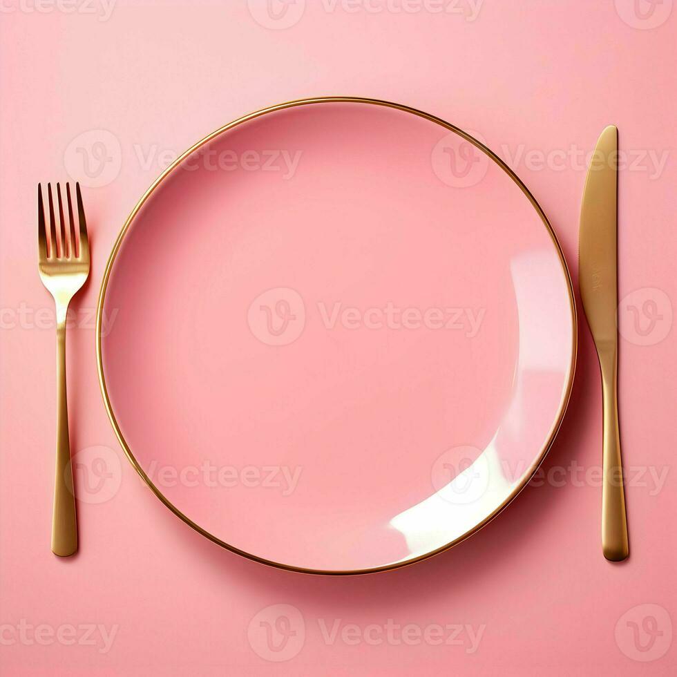 roze keramisch bord met vork en mes aan het liegen De volgende naar Aan roze achtergrond. hoog oplossing. ai generatief foto
