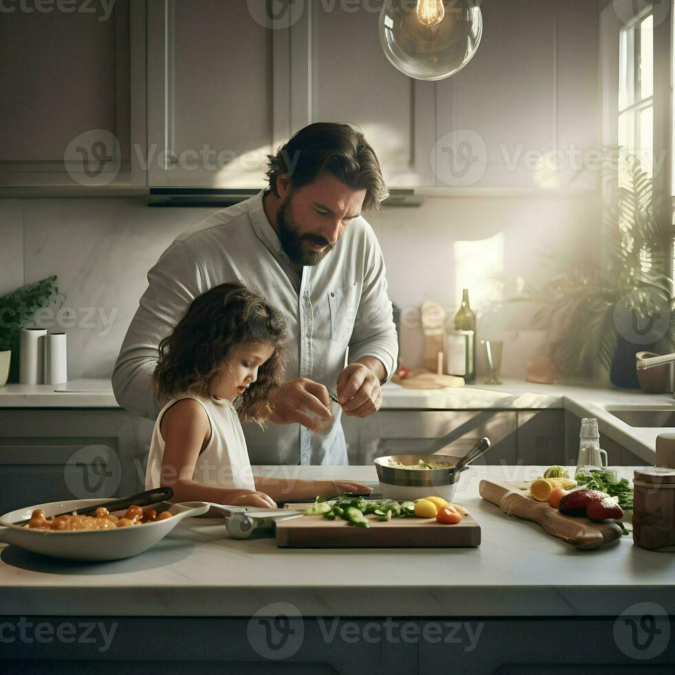 vader met een 5 jaar oud kind Koken in de wit keuken. hoge resolutie. ai generatief foto