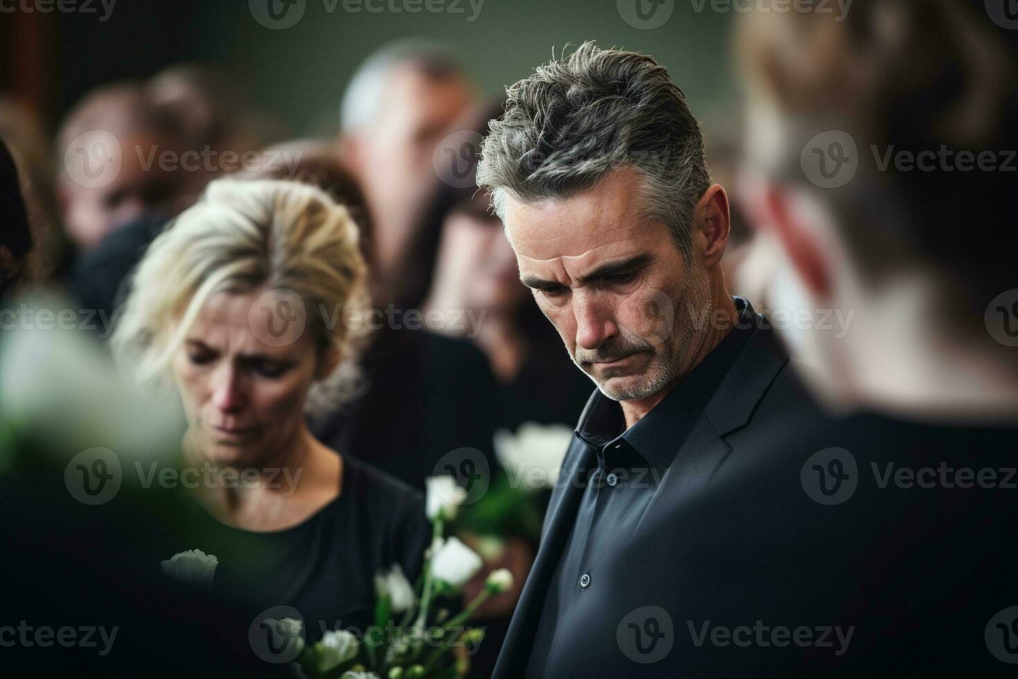 detailopname schot van een senior Mens in voorkant van een begrafenis boeket ai gegenereerd foto