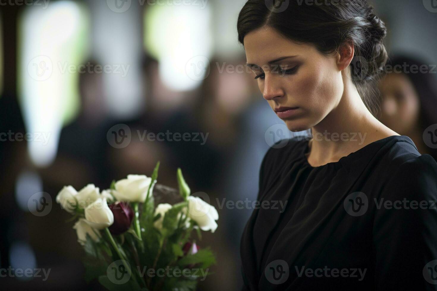 portret van een verdrietig vrouw met een begrafenis boeket van bloemen ai gegenereerd foto