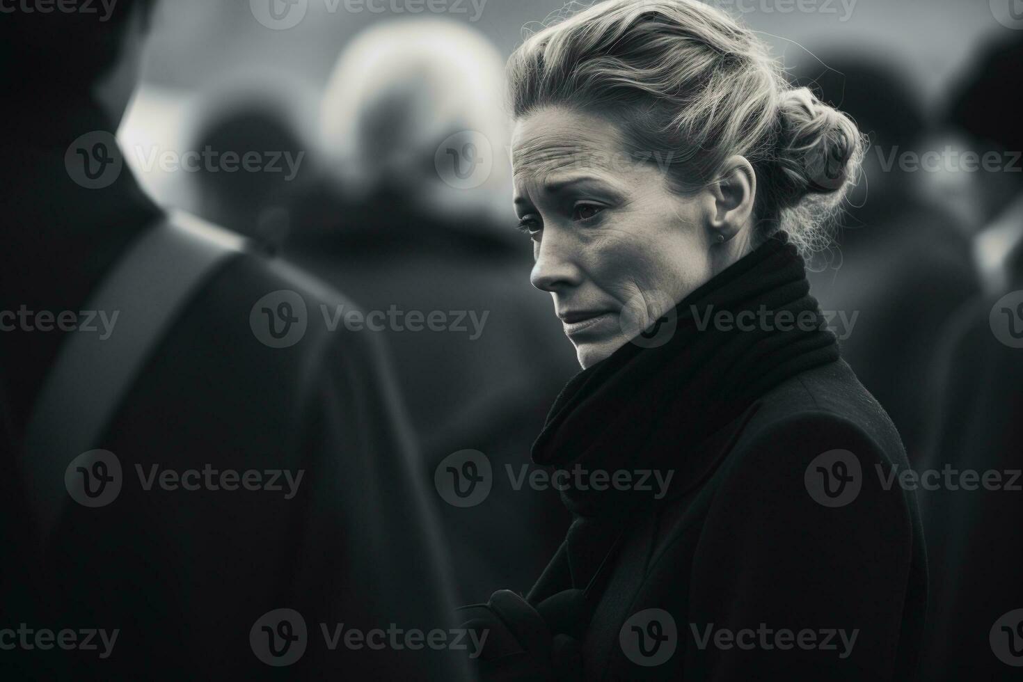 portret van een verdrietig vrouw met een begrafenis boeket van bloemenai gegenereerd foto