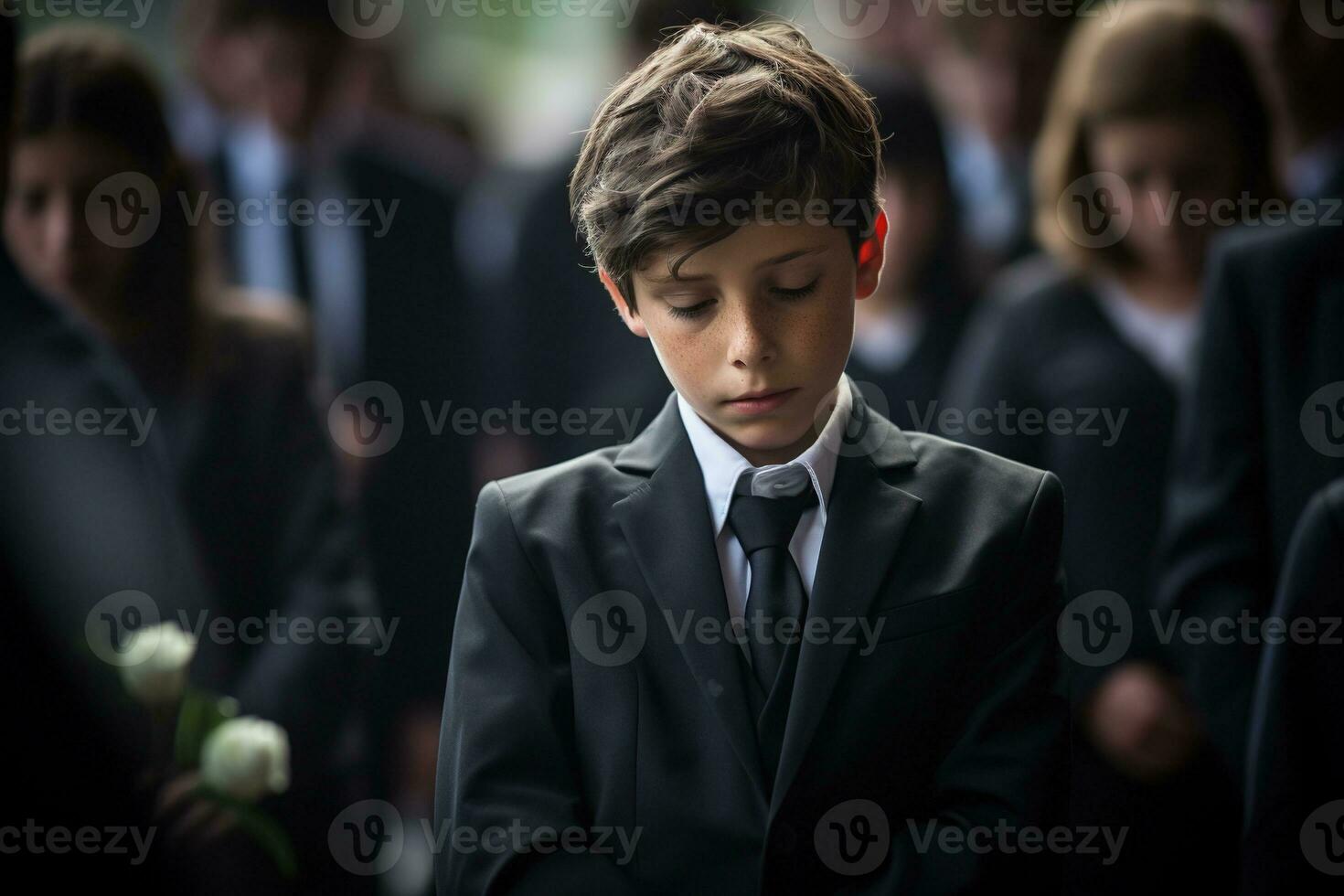 portret van een jongen in een zwart pak met een begrafenis boeket van bloemen ai gegenereerd foto