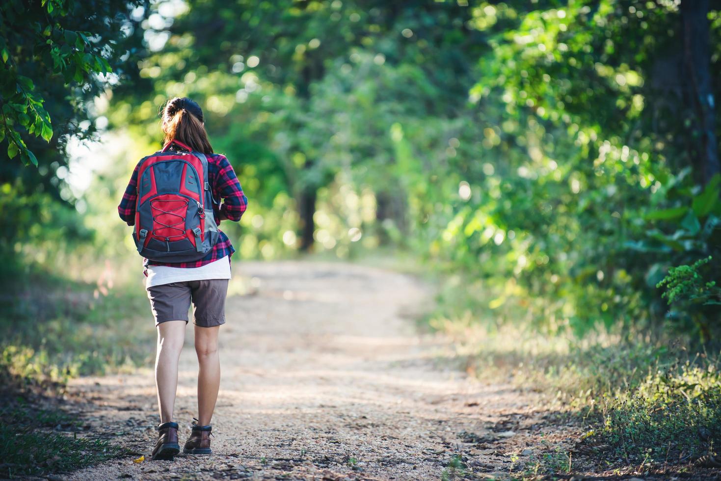 achterzijde van jonge vrouw wandelaar met rugzak wandelen op een landweg. foto