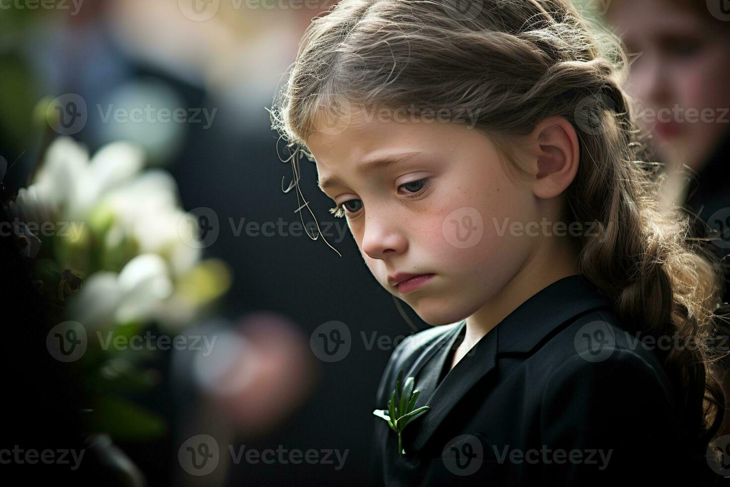 portret van een verdrietig weinig meisje Aan de achtergrond van de menigte.begrafenis concept ai gegenereerd foto