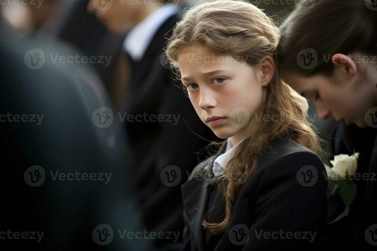 portret van een verdrietig weinig meisje Aan de achtergrond van de menigte.begrafenis concept ai gegenereerd foto