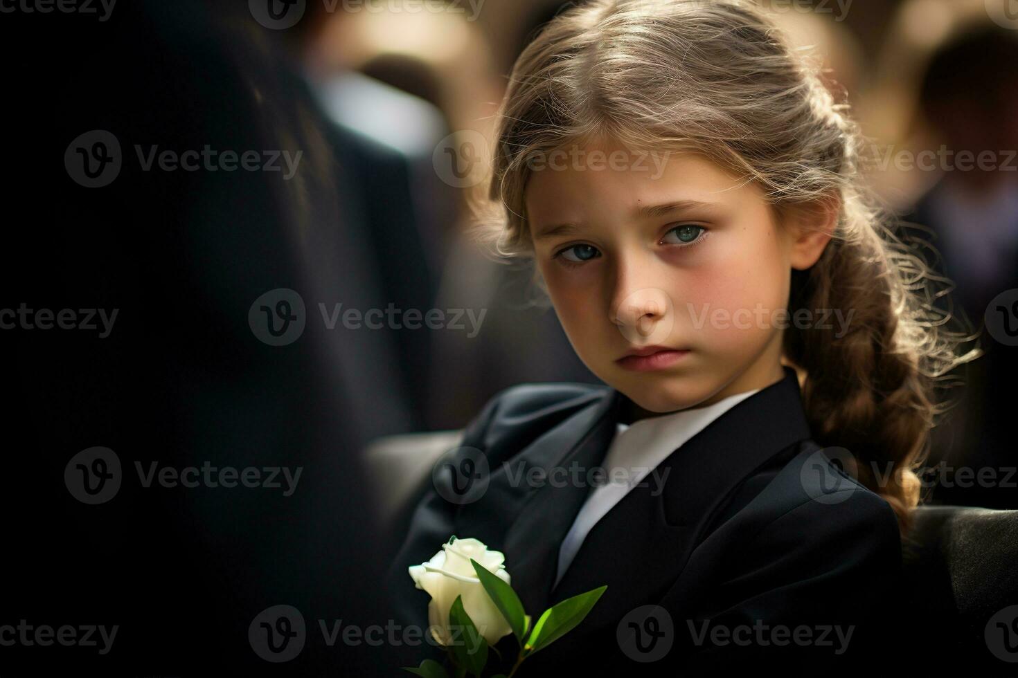 portret van een verdrietig weinig meisje Aan de achtergrond van de menigte.begrafenis concept ai gegenereerd foto