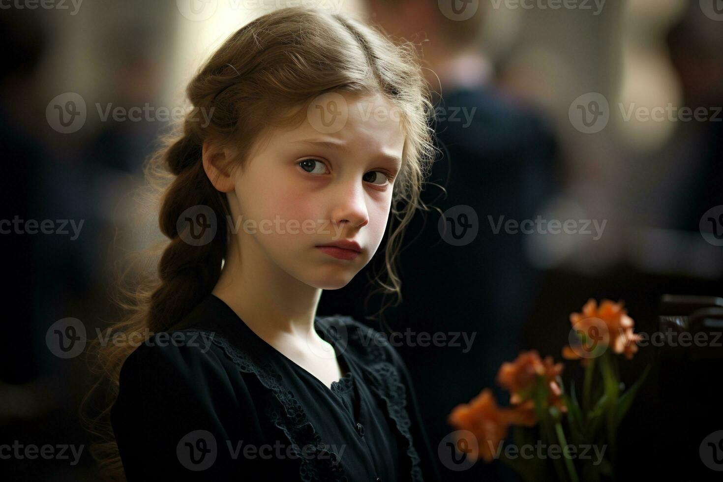 portret van een verdrietig weinig meisje Aan de achtergrond van de menigte.begrafenis concept ai gegenereerd foto