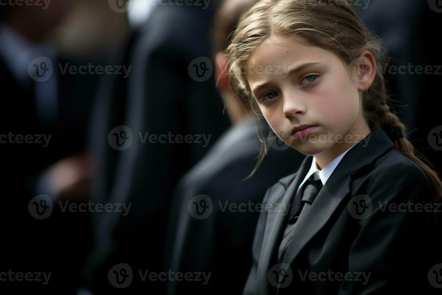 portret van een verdrietig weinig meisje Aan de achtergrond van de menigte.begrafenis concept ai gegenereerd foto