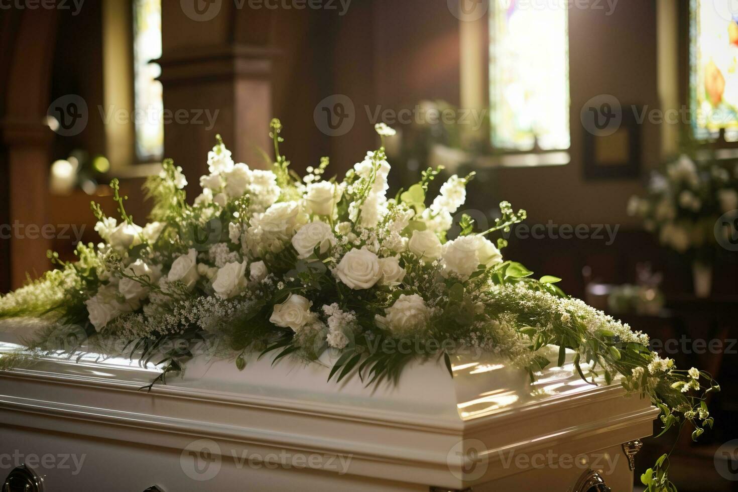 detailopname schot van een kleurrijk kist in een lijkwagen of kapel voordat begrafenis of begrafenis Bij begraafplaats ai gegenereerd foto