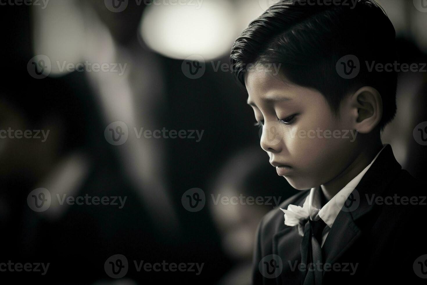 portret van weinig Aziatisch jongen met verdrietig expressie.begrafenis concept ai gegenereerd foto