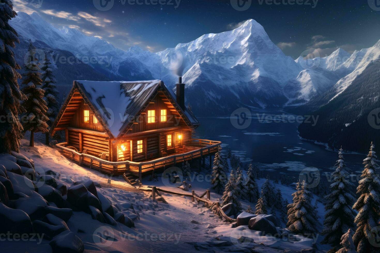 een knus log cabine in een besneeuwd berg landschap. foto