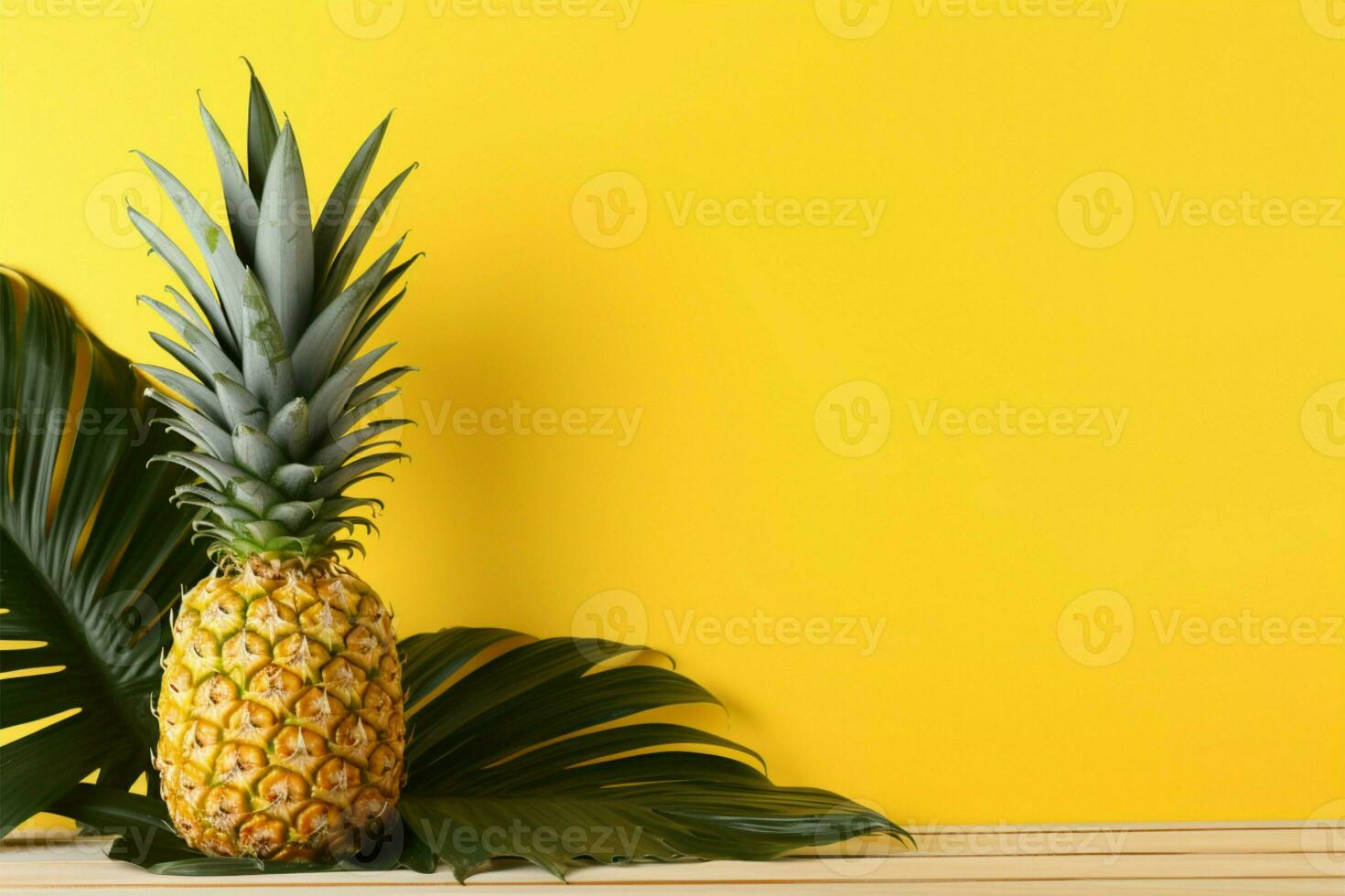 vers ananas met tropisch palm en monstera bladeren Aan een geel tafel achtergrond ai gegenereerd foto