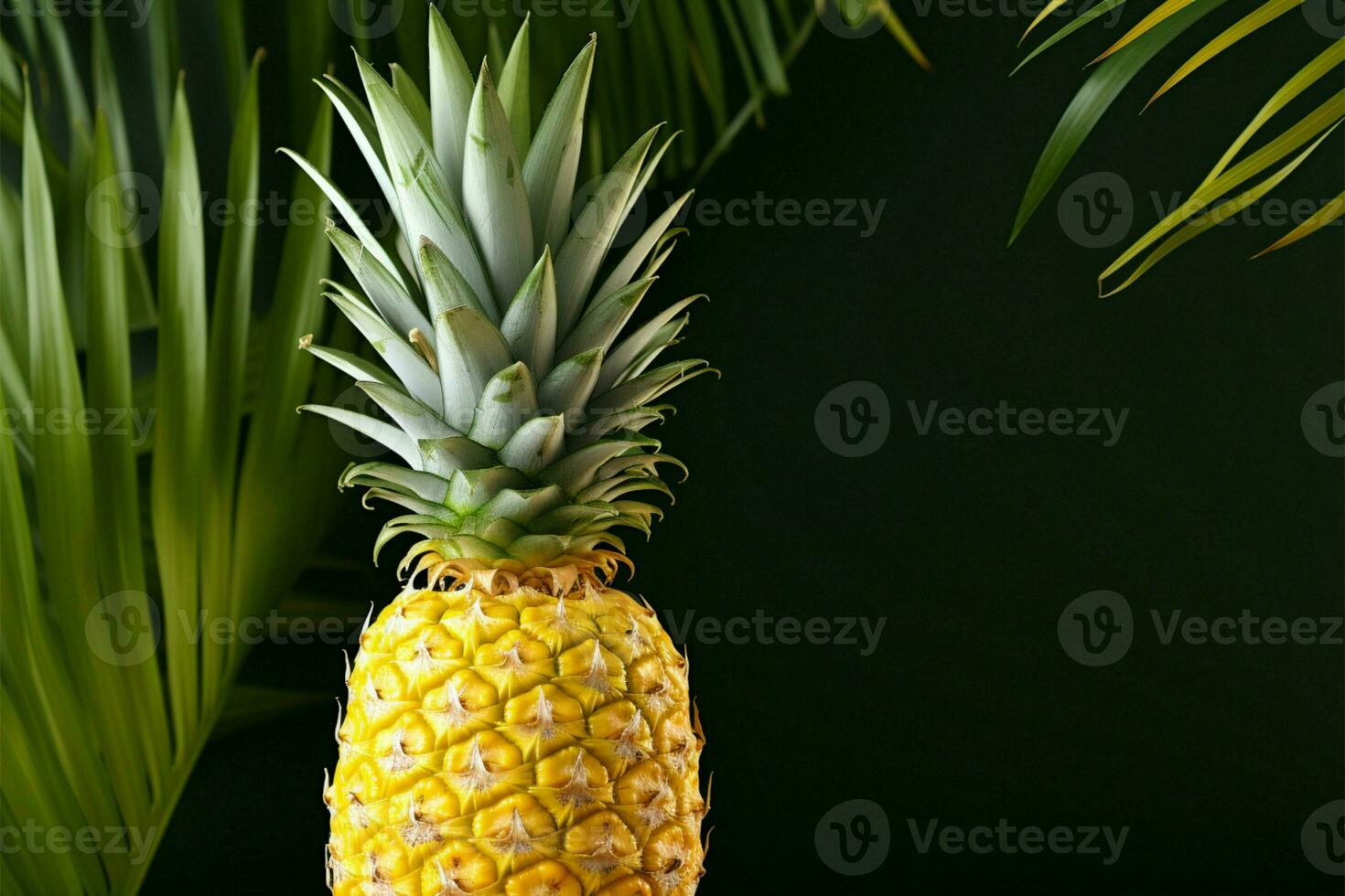 vers ananas met tropisch palm en monstera bladeren Aan een geel tafel achtergrond ai gegenereerd foto