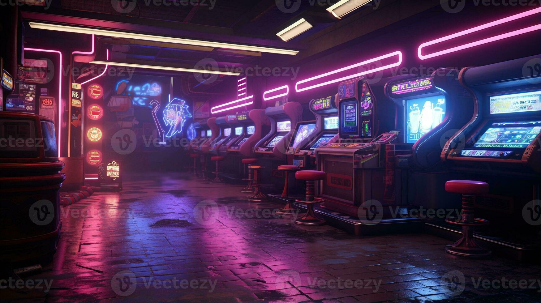 generatief ai, cyberpunk stijl spel bar of cafe. nacht tafereel van groot stad, futuristische nostalgisch jaren 80, jaren 90. neon lichten levendig kleuren, fotorealistisch horizontaal foto