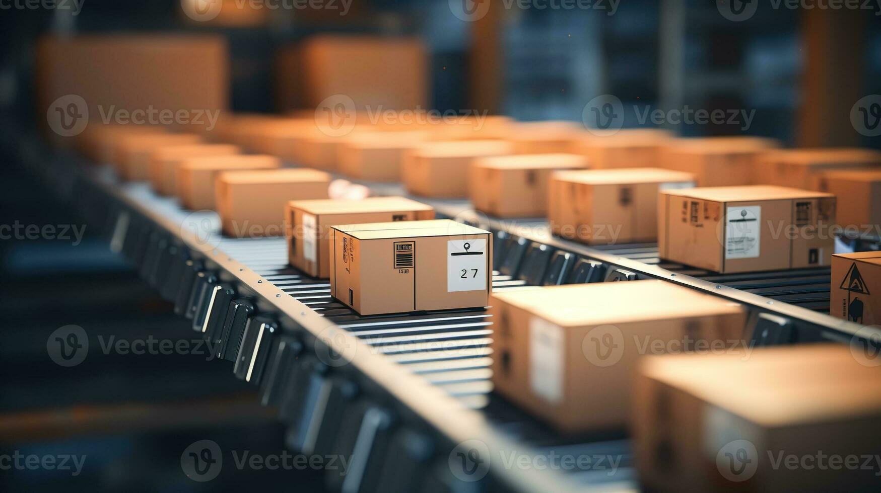 generatief ai, karton doos pakketjes in beweging langs een transportband riem foto