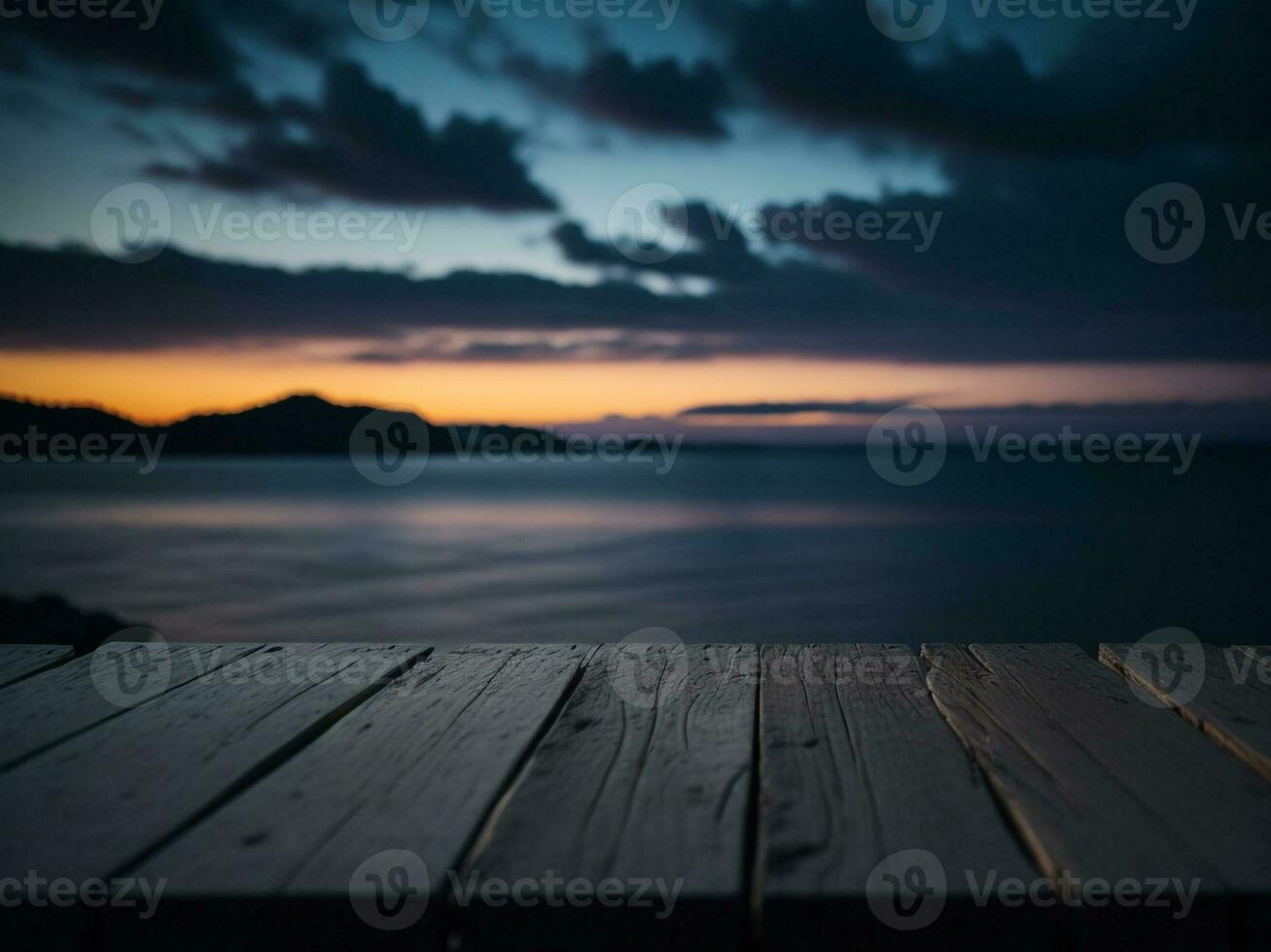 houten tafel en vervagen tropisch strand achtergrond, Product Scherm montage. hoog kwaliteit foto 8k fhd ai gegenereerd