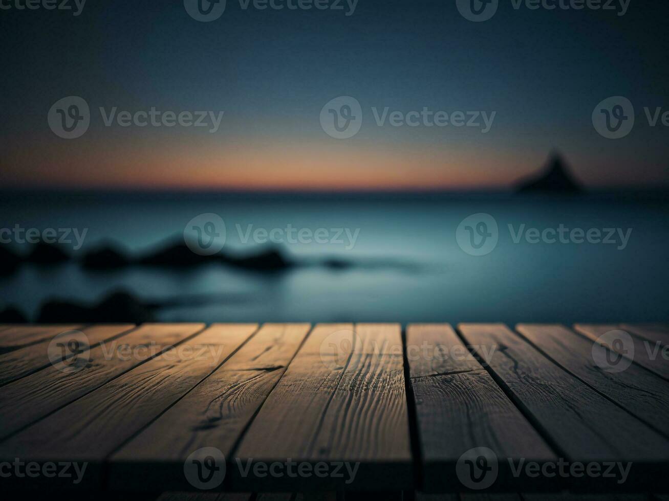 houten tafel en vervagen tropisch strand achtergrond, Product Scherm montage. hoog kwaliteit foto 8k fhd ai gegenereerd