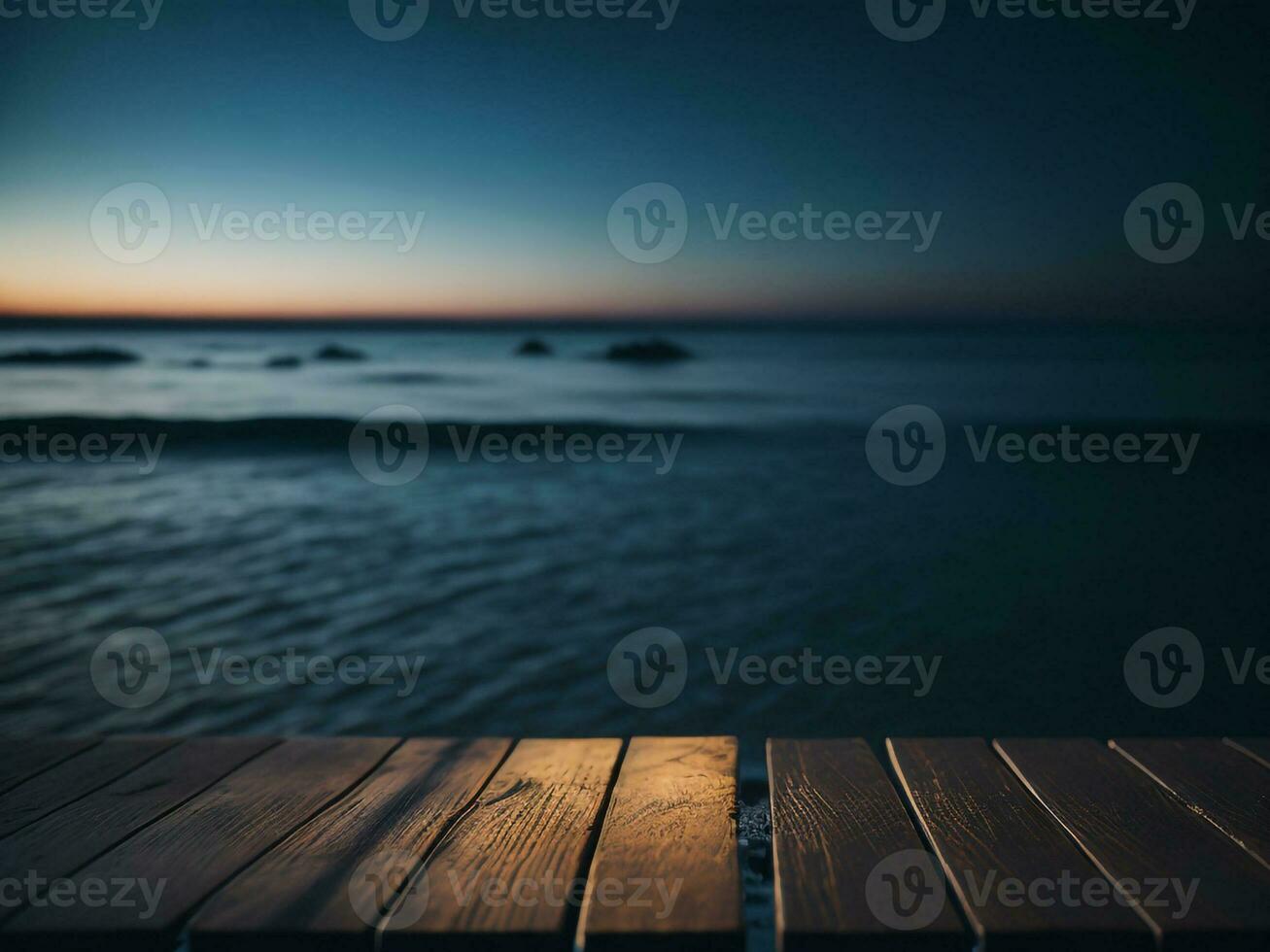 houten tafel en vervagen tropisch strand achtergrond, Product Scherm montage. hoog kwaliteit foto 8k fhd ai gegenereerd