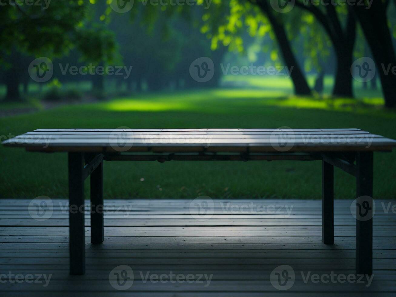 houten tafel en vervagen tropisch groen gras achtergrond, Product Scherm montage. hoog kwaliteit foto 8k fhd ai gegenereerd