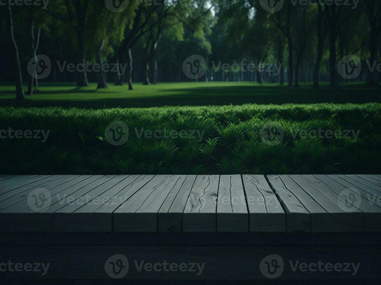 houten tafel en vervagen tropisch groen gras achtergrond, Product Scherm montage. hoog kwaliteit foto 8k fhd ai gegenereerd