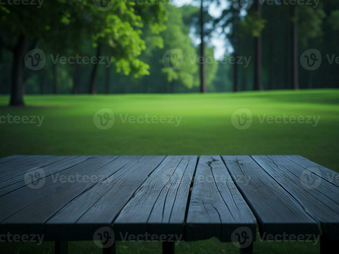 houten tafel en vervagen tropisch groen gras achtergrond, Product Scherm montage. hoog kwaliteit foto 8k fhd ai gegenereerd