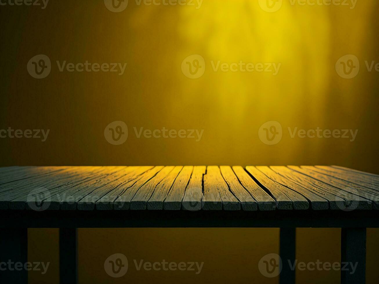 houten tafel en vervagen tropisch geel kleur achtergrond, Product Scherm montage. hoog kwaliteit foto 8k fhd ai gegenereerd