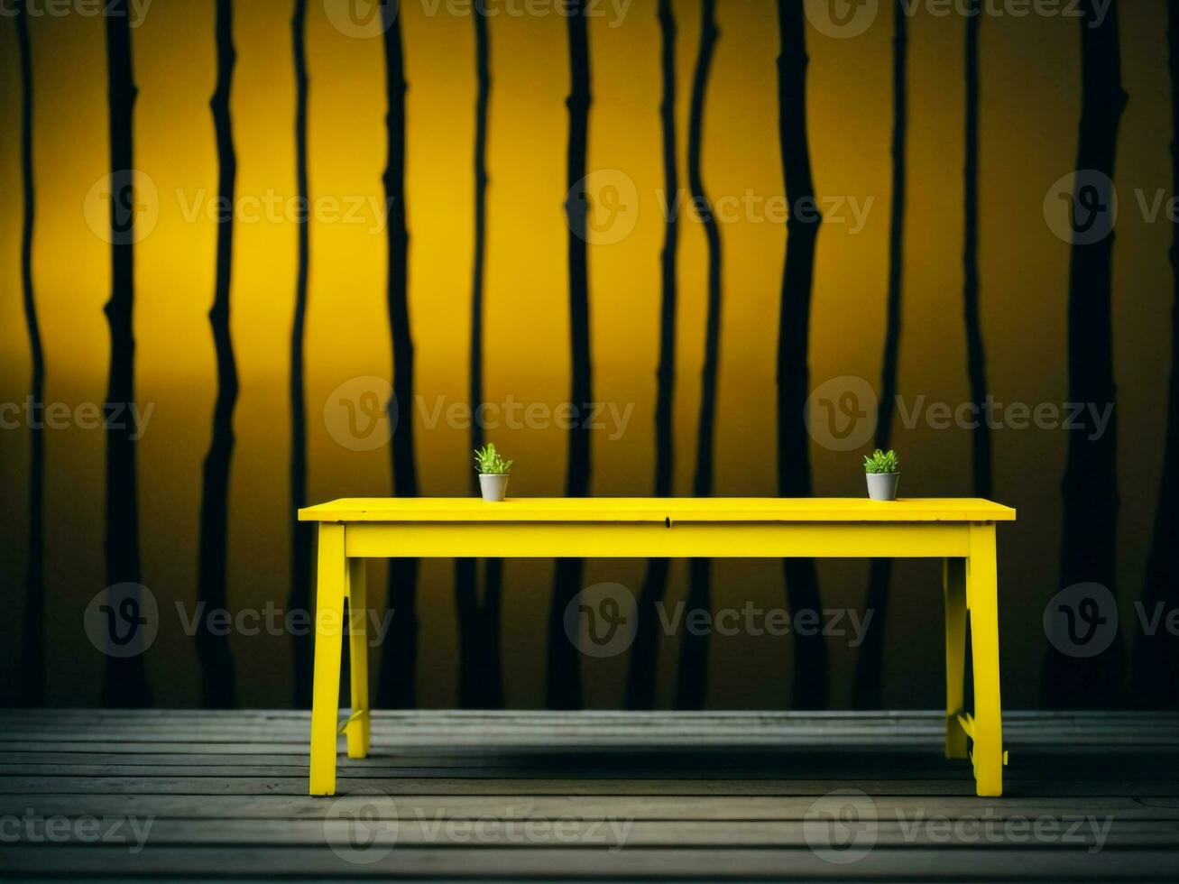 houten tafel en vervagen tropisch geel kleur achtergrond, Product Scherm montage. hoog kwaliteit foto 8k fhd ai gegenereerd