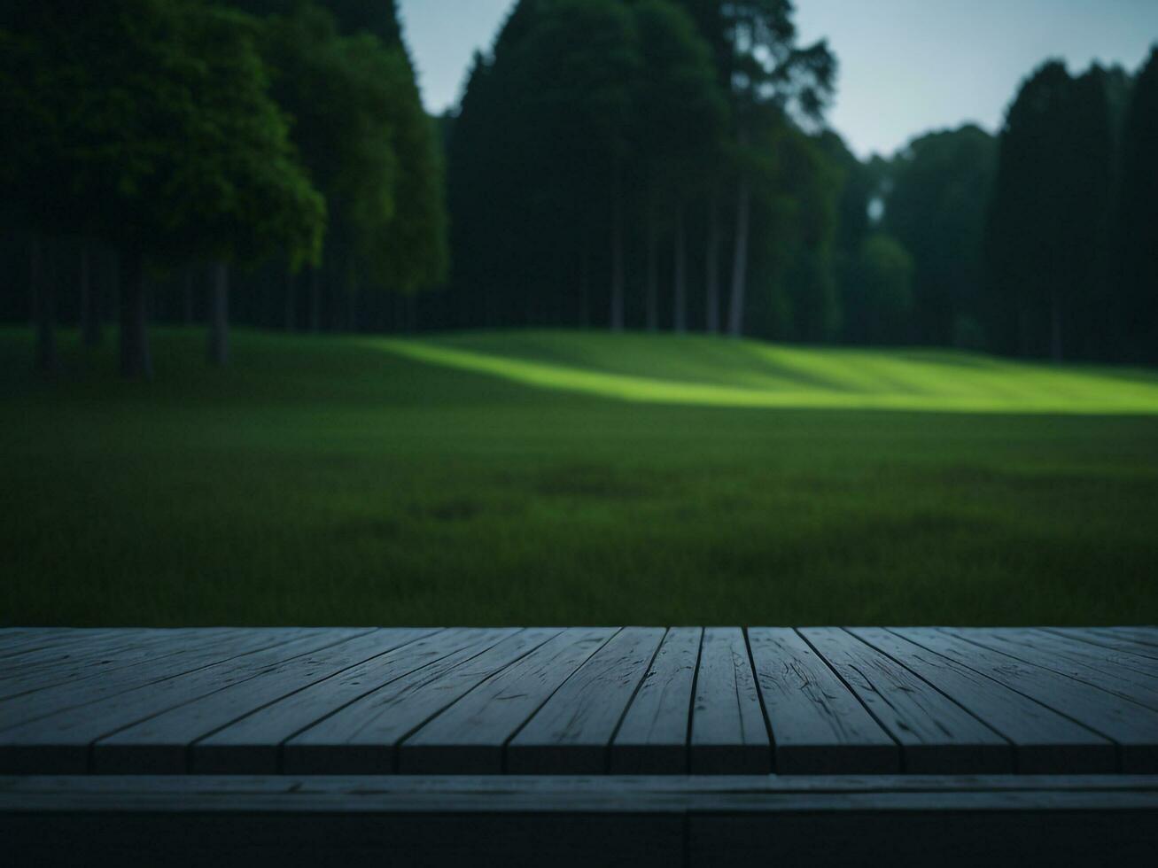 houten tafel en vervagen tropisch groen gras achtergrond, Product Scherm montage. hoog kwaliteit foto 8k fhd ai gegenereerd