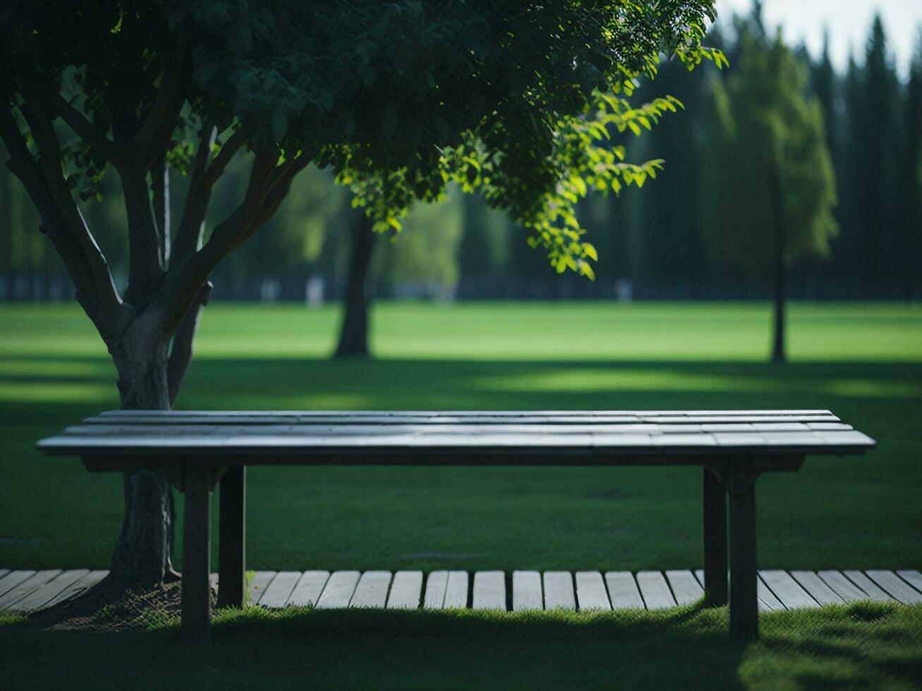 houten tafel en vervagen tropisch groen gras achtergrond, Product Scherm montage. hoog kwaliteit foto 8k fhd ai gegenereerd