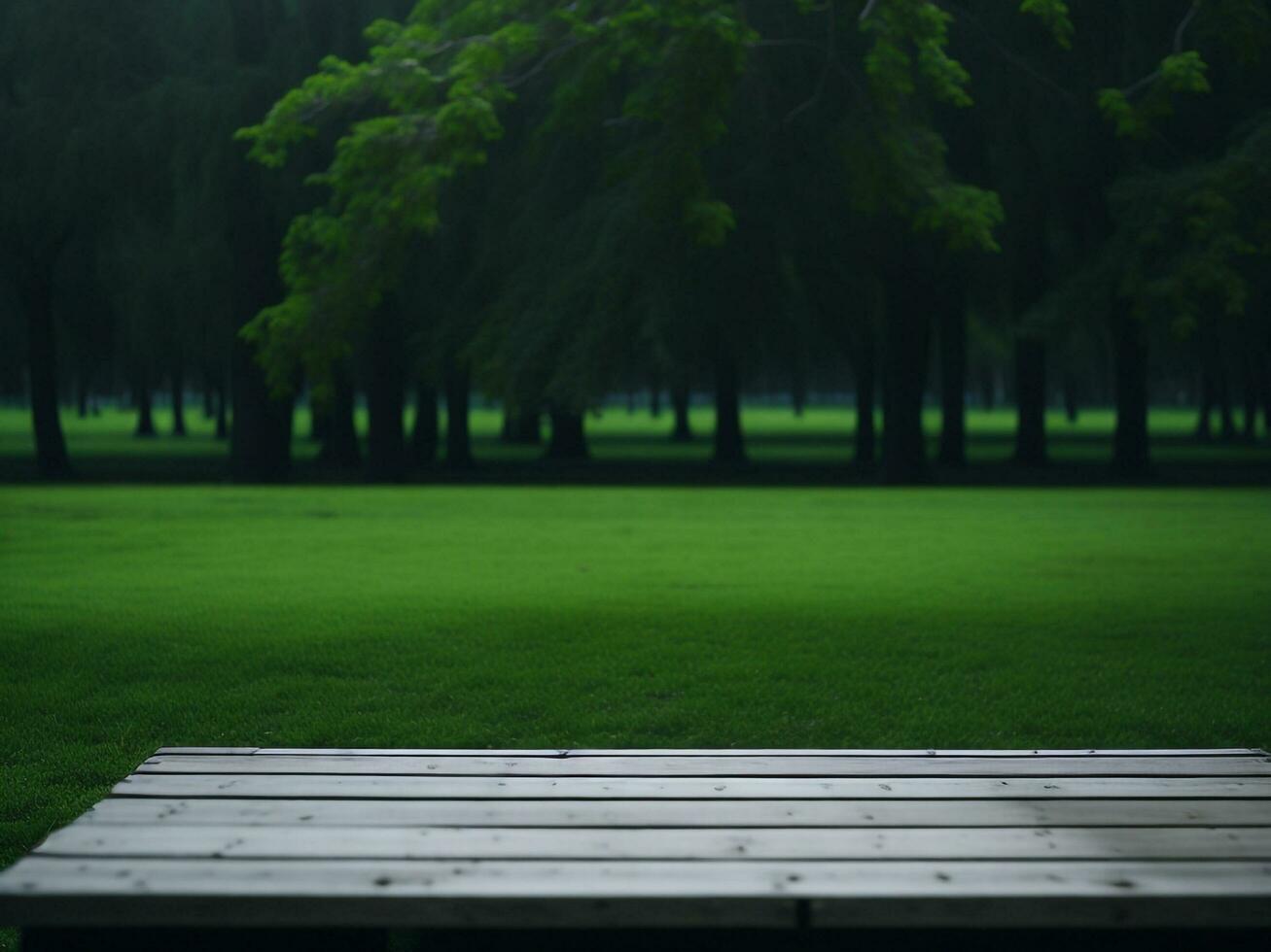 houten tafel en vervagen tropisch groen gras achtergrond, Product Scherm montage. hoog kwaliteit foto 8k fhd ai gegenereerd