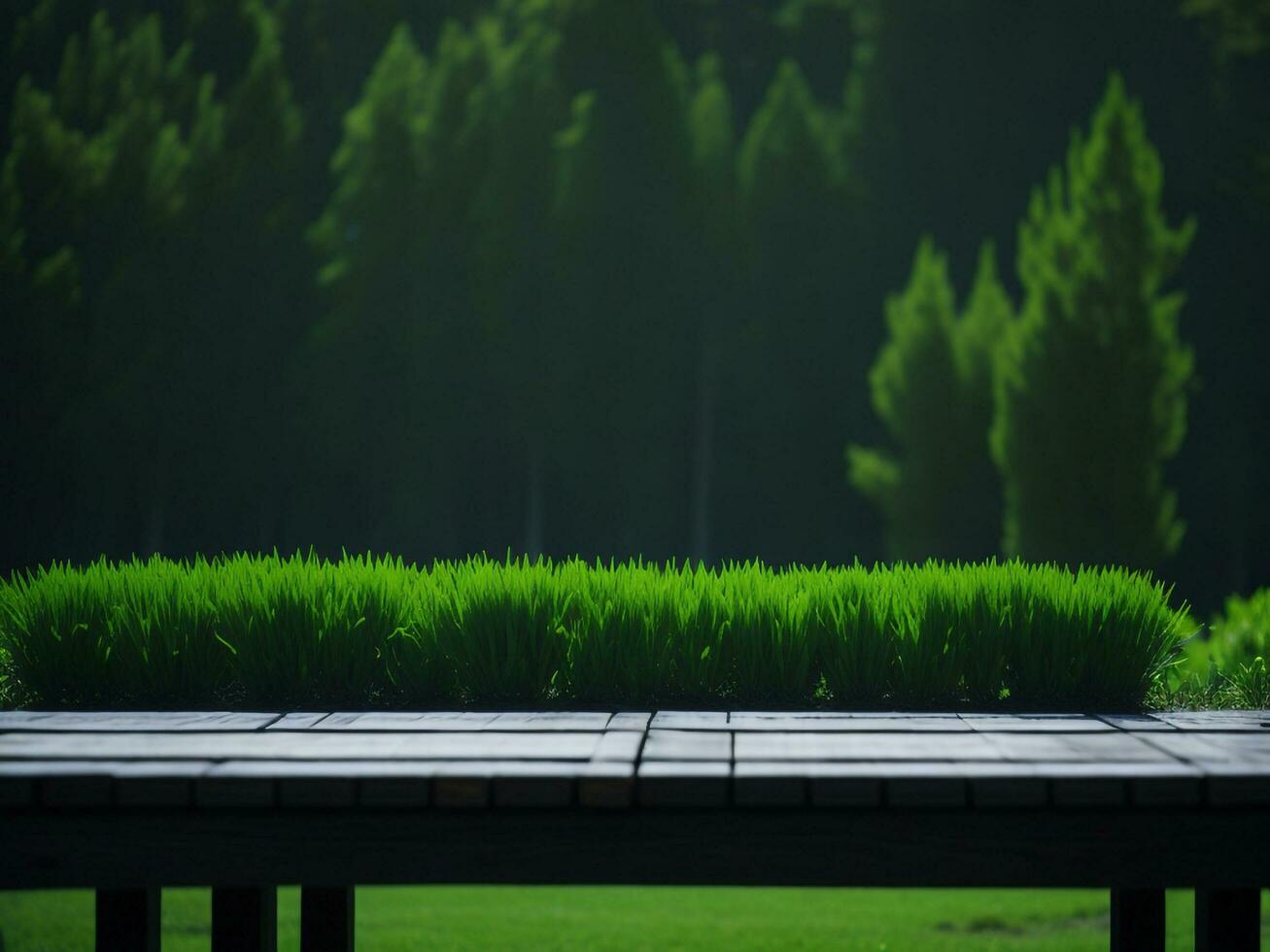 houten tafel en vervagen tropisch groen gras achtergrond, Product Scherm montage. hoog kwaliteit foto 8k fhd ai gegenereerd