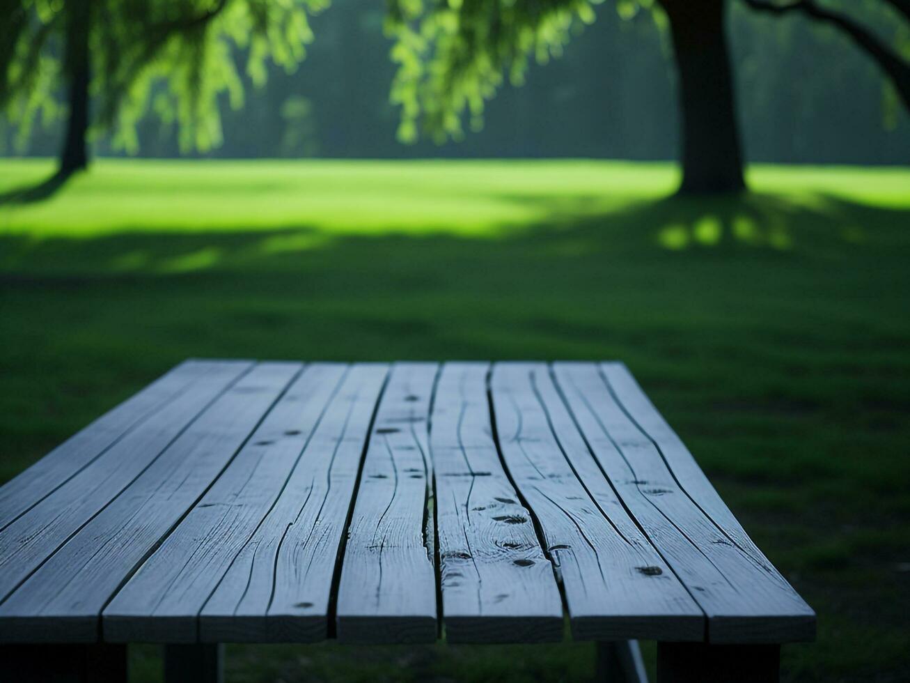 houten tafel en vervagen tropisch groen gras achtergrond, Product Scherm montage. hoog kwaliteit foto 8k fhd ai gegenereerd