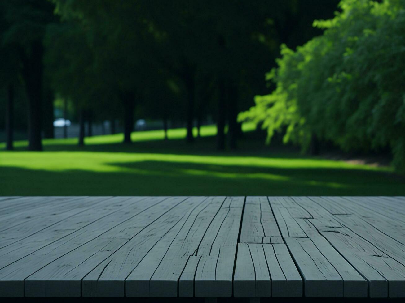 houten tafel en vervagen tropisch groen gras achtergrond, Product Scherm montage. hoog kwaliteit foto 8k fhd ai gegenereerd