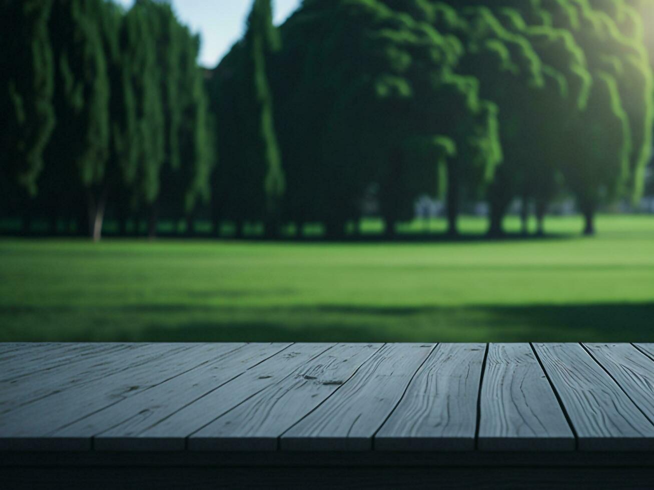 houten tafel en vervagen tropisch groen gras achtergrond, Product Scherm montage. hoog kwaliteit foto 8k fhd ai gegenereerd