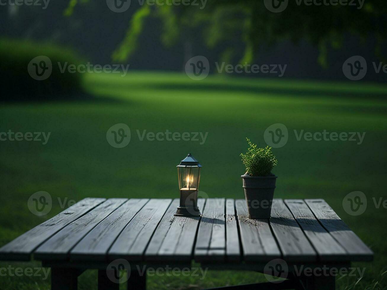 houten tafel en vervagen tropisch groen gras achtergrond, Product Scherm montage. hoog kwaliteit foto 8k fhd ai gegenereerd