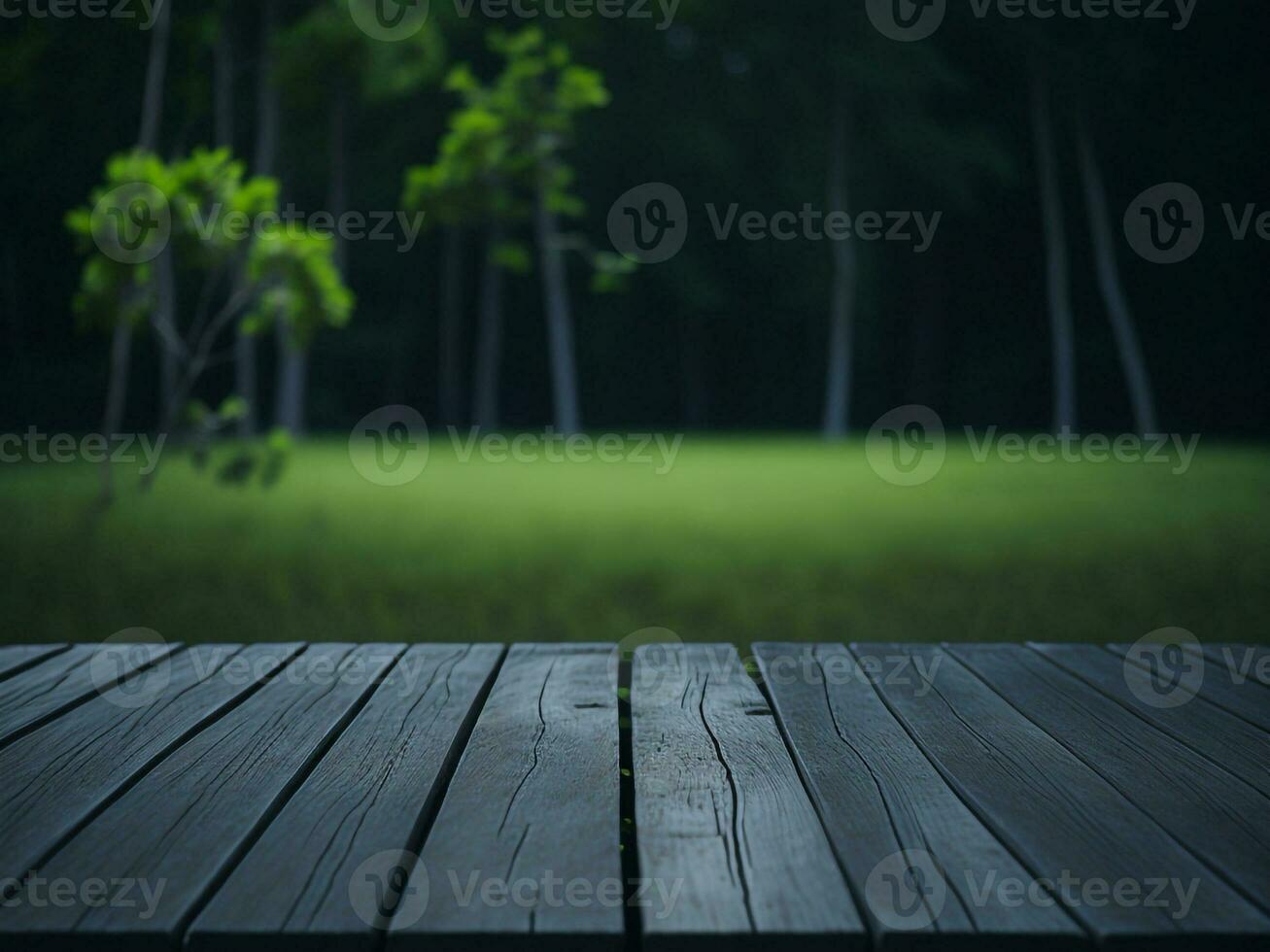 houten tafel en vervagen tropisch groen gras achtergrond, Product Scherm montage. hoog kwaliteit foto 8k fhd ai gegenereerd