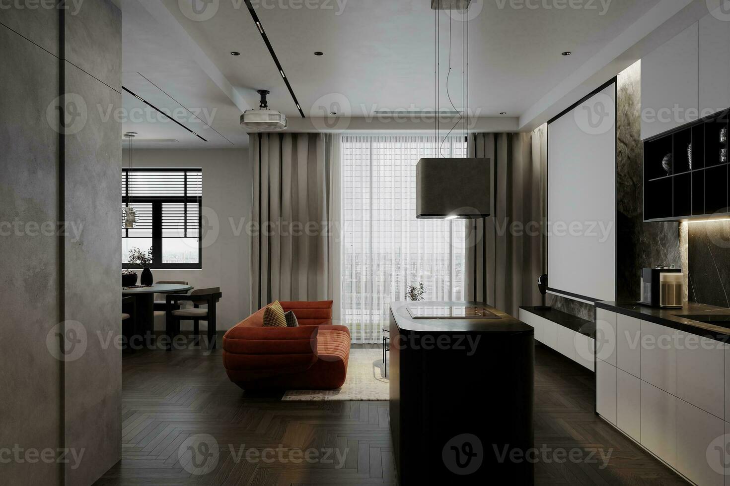 slim Open keuken en leven kamer ruimte decoratie ideeën voor interieur ontwerp 3d renderen foto