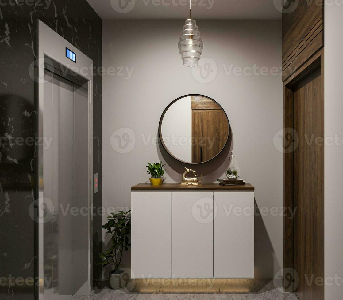 3d geven van een luxe lobby ontvangst en elegant interieur ontwerp met allemaal meubilair 3d renderen foto