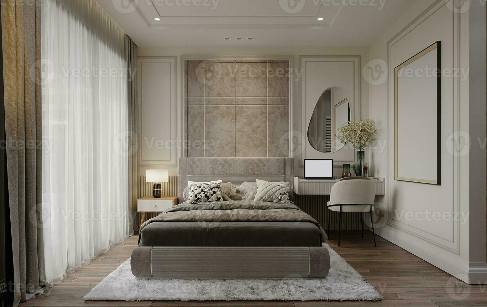 Scandinavisch slaapkamer waar groot venster, slim keuze en functioneel spullen, muur textuur, spiegel, 3d renderen foto