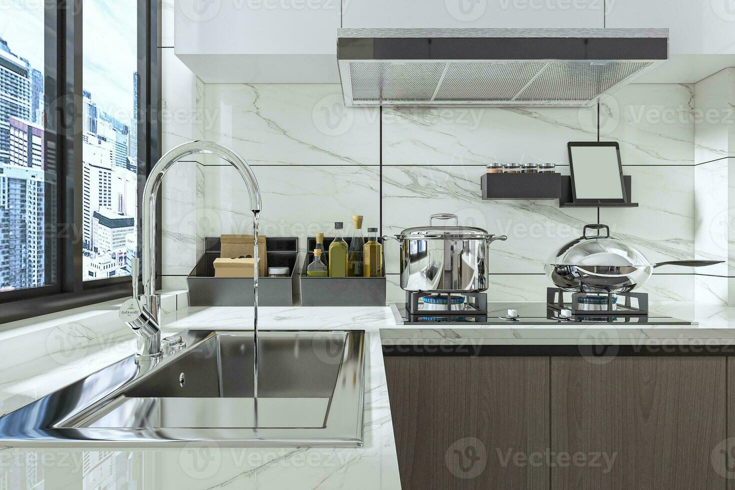 luxueus keuken en meubilair wasbak, zelf en vuurruimte decoratie in modern interieur ontwerp 3d renderen foto