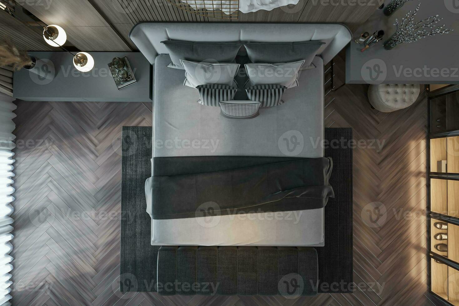 een top visie van een modern levensstijl slaapkamer met grijs bed, kussens, plaid, huis decor 3d renderen foto