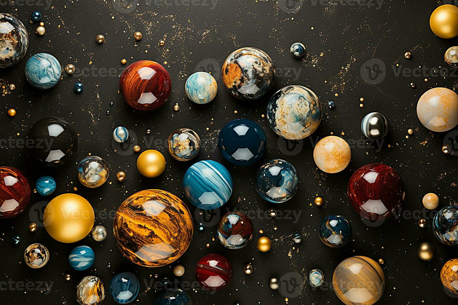 ai generatief divers gekleurde marmeren ballen Aan een zwart achtergrond foto