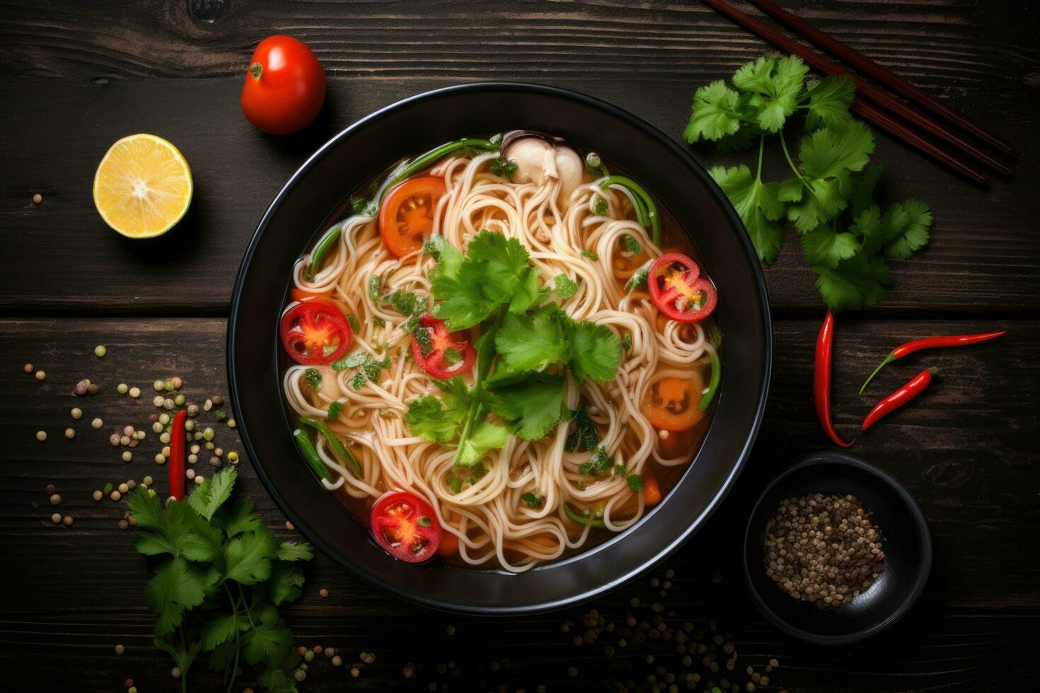 ogenblik noedels in kom met ingrediënten Aan donker houten achtergrond, top visie, Chinese noodle soep met groenten Aan zwart houten achtergrond, top visie, ai gegenereerd foto