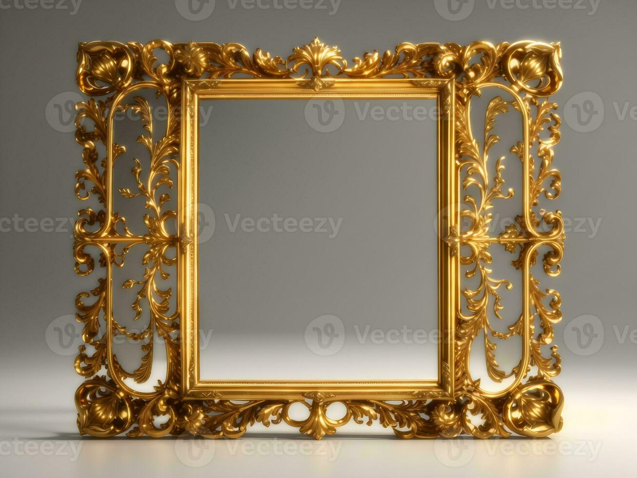 goud antiek rechthoekig afbeelding of spiegel kader, rijk ingericht. 3d looping animatie met alpha mat. voorkant visie, voorzichtig in beweging lichten en reflecties, genereren ai foto